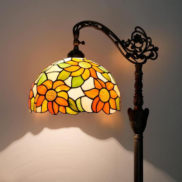 63 in. Tiffany Style Bronze Finish 1-Light Standard Floor Lamp with Multi-Colored Sunflower Stained Glass Lamp Shade