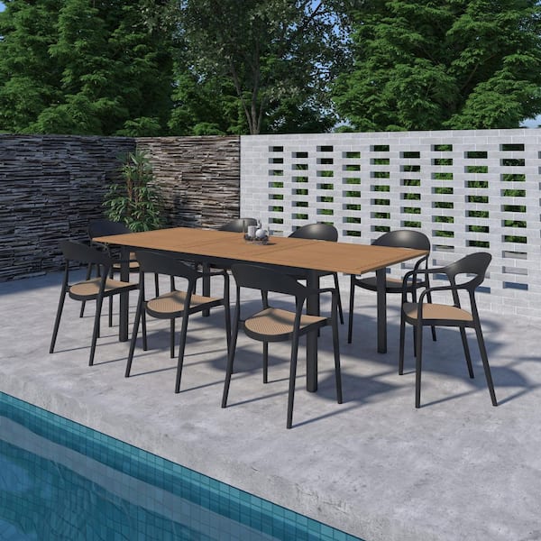 Matira 9-Piece Teak Finish Wood 100% FSC Rectangular Patio Dining Set Black