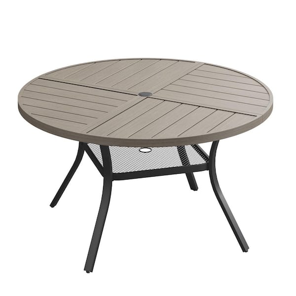 47.2 in. Grey Wood-Like Round Outdoor Metal Patio Dining Table for 6, All-Weather Garden Table