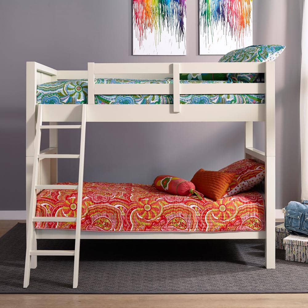 Off-White Twin Bunk Bed with Ladder and Headboard