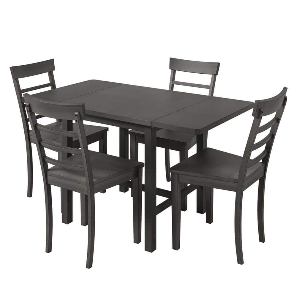 Gray 5-Piece Wood Rectangular Extendable Table Outdoor Dining Set with 4-La