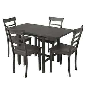 Gray 5-Piece Wood Rectangular Extendable Table Outdoor Dining Set with 4-Laddered Back Chairs