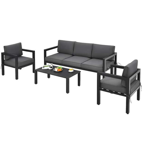 WELLFOR 4-Piece Aluminum Patio Conversation Set with Gray Cushions