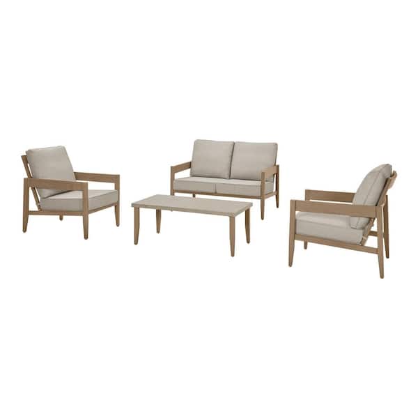Pine Hollow 4-Piece Metal Patio Conversation Set with CushionGuard Warm Stone Cushions