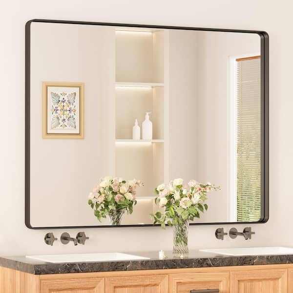 48 in. W x 36 in. H Modern Rectangular Black Aluminum Framed Wall Bathroom Vanity Mirror