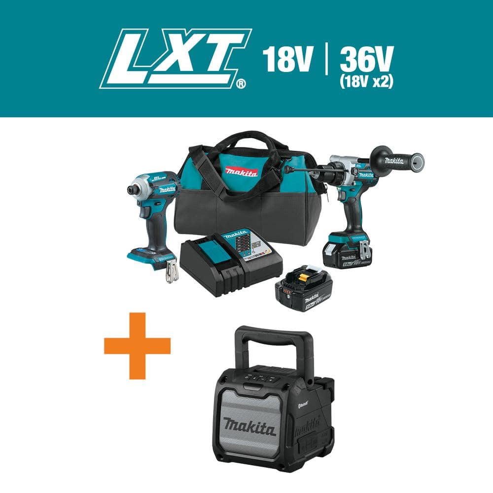 Makita 18V LXT Lithium-Ion Brushless Cordless Combo Kit 5.0 Ah (2-Piece) with bonus 18V LXT / 12V max CXT Job Site Speaker