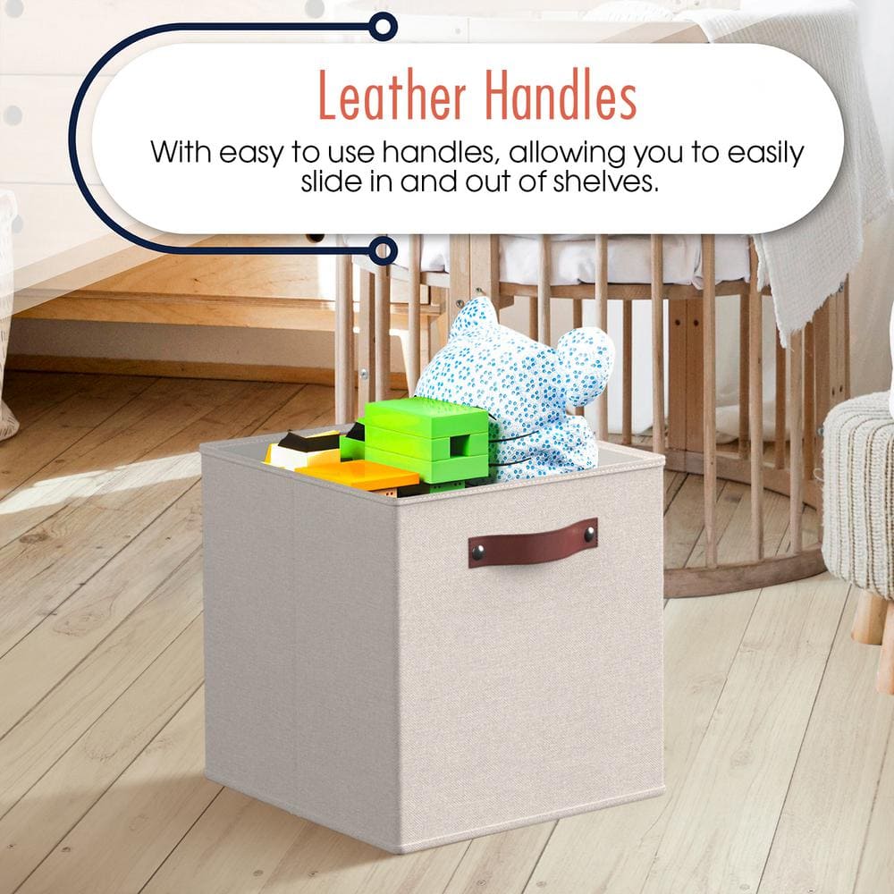 Beige Linen Foldable Storage Cubes with Leather Handles, Set of 6