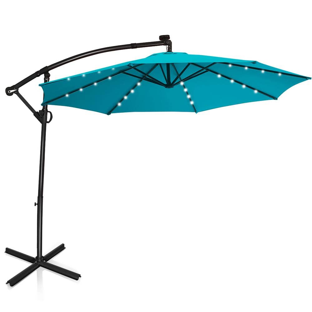 turquoise patio umbrella with lights