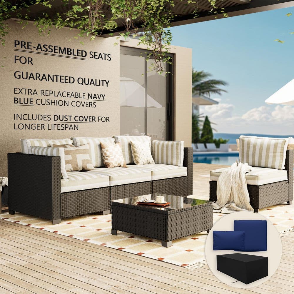 5-Piece Wicker Outdoor Patio Conversation Sofa Seating Set with Coffee Table, Striped Brown Cushions and Sofa Cover price history on PriceWatchPro