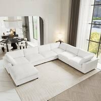Magic Home Large 157 in. Square Arm Faux Rabbit Fur Velvet L-Shaped Modular Sofa Lawson Cloud Couch with Ottoman for Party in White MH-S-141BE-L6+1