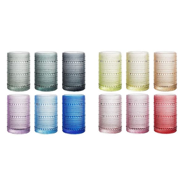 12-Piece 13 oz. Colorful Beaded Bubble Glass Cups Embossed Water Tumbler for Whiskey, Cocktail, Beer, Wine and Juice