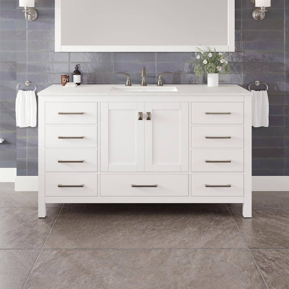 Aberdeen 60" White Birch Marble Single Sink Vanity with Porcelain Basin