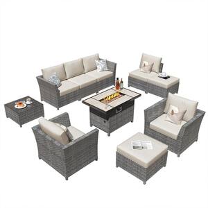 Bexley Gray 10-Piece Wicker Rectangle Fire Pit Patio Conversation Seating Set with Fine-Stripe Beige Cushions