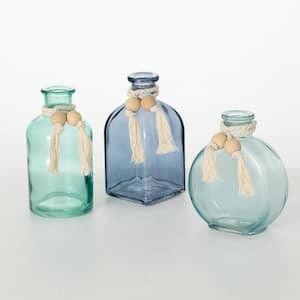 5", 4.5" & 5" Sea-Blue Glass Bud Vase Set of 3,