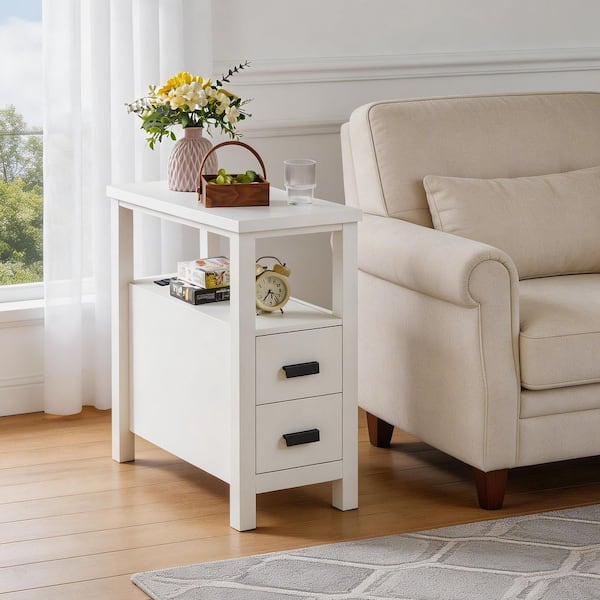 Avice White 2-Drawer Nightstand with Charging Station, Small Wood Bedside Table