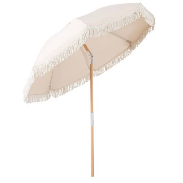 6 ft. Outdoor Patio Umbrella with Tilt Adjustment, Fringe and Wood Pole in White