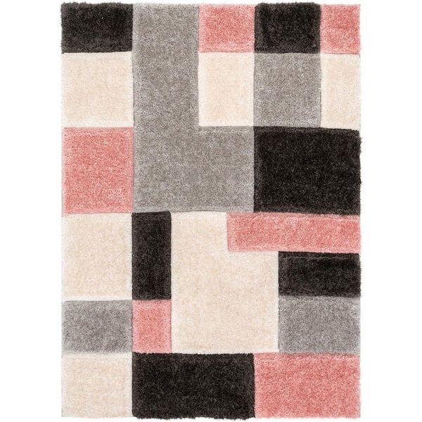 Well Woven San Francisco Escondido Blush Modern Geometric Squares 7 ft. 10 in. x 9 ft. 10 in. 3D Carved Shag Area Rug