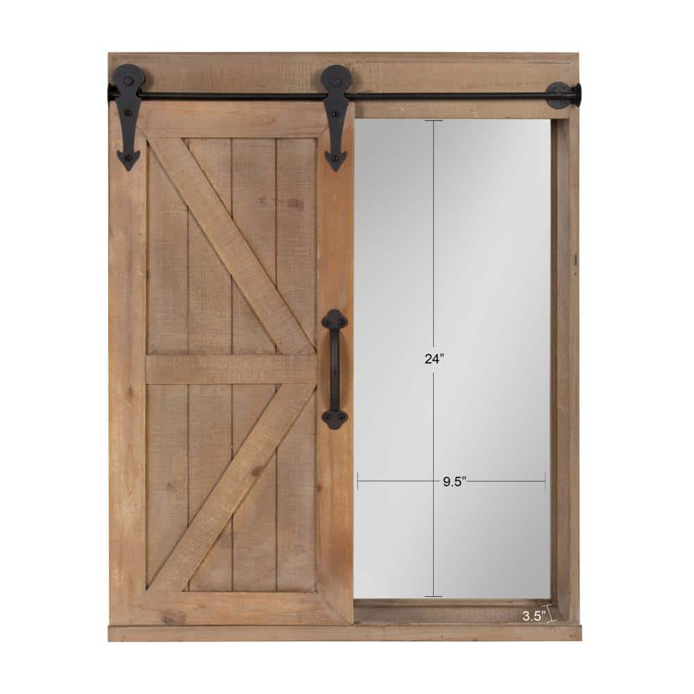 Rustic Brown Wood Wall Storage Cabinet with Vanity Mirror and Sliding Barn Door