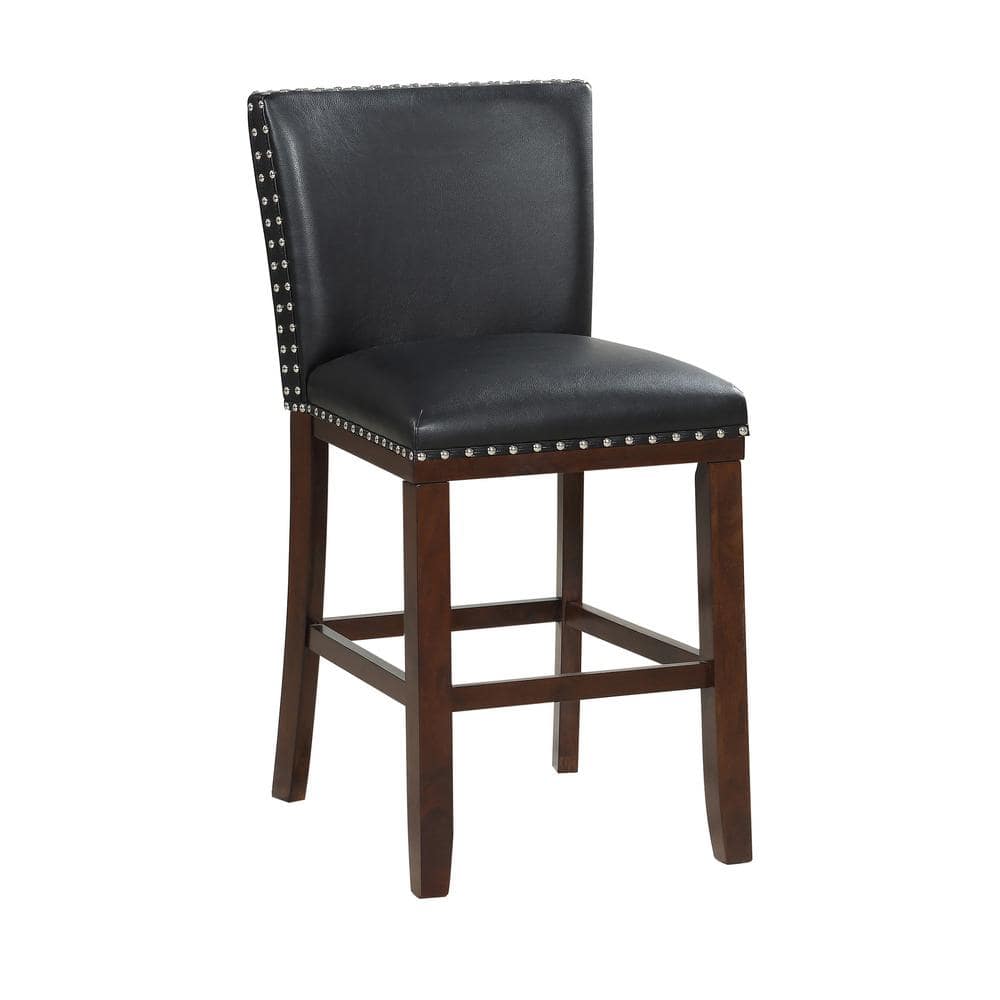 Tiffany Black Leather and Wood Counter Stools, Set of 2