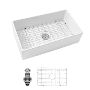 33 in. Farmhouse/Apron-Front Drop-in Single Bowl White Ceramic Kitchen with Bottom Grids and Strainer Basket