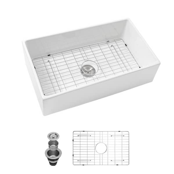 grossag 33 in. Farmhouse/Apron-Front Drop-in Single Bowl White Ceramic Kitchen with Bottom Grids and Strainer Basket