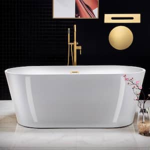 Gasteiz 67 in. Acrylic Flatbottom Double Ended Bathtub with Brushed Gold Overflow and Drain Included in White