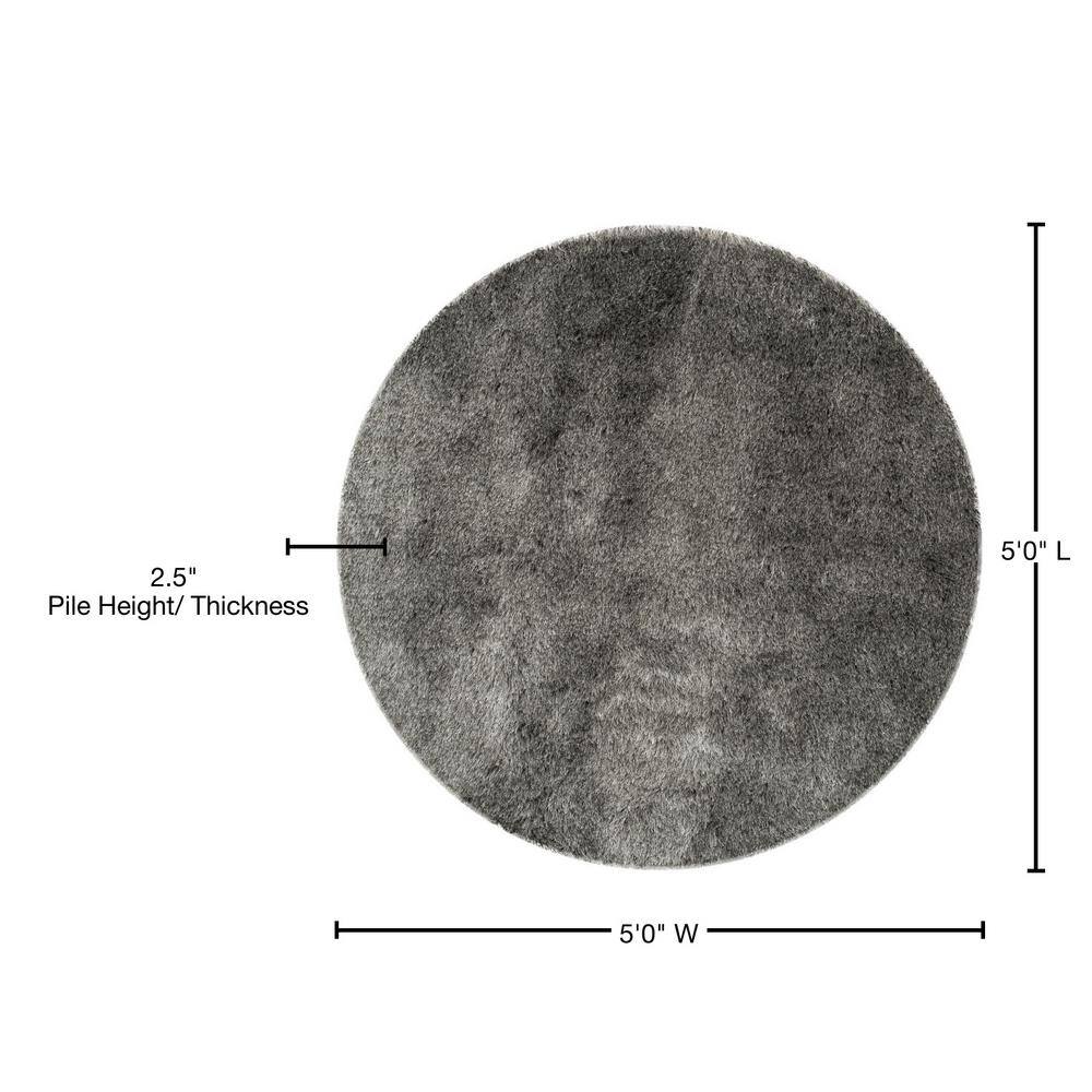 Silver Round Hand-Tufted Shag Area Rug, 5' Synthetic