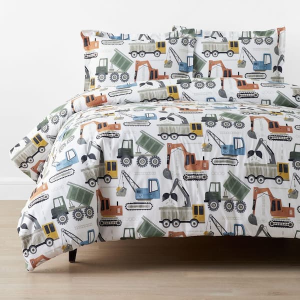 Company Kids White Multi Construction Builders Organic Cotton Percale Queen Duvet Cover Set