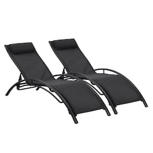 Black Frame 2-Piece Aluminum Outdoor Reclining Chaise Lounge in Black