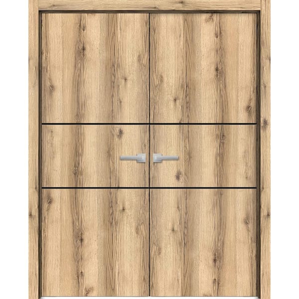 Sartodoors 48 in. x 80 in. 2 Panel Oak Color Finished Solid Wood with Honeycomb Sliding Door with Hardware