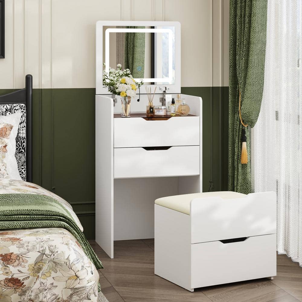 3-Drawer White Wood Makeup Vanity Set Dresser Table with Flip-Top Mirror, See-Through Glass Top, Lights, Stool - thumbnail 8