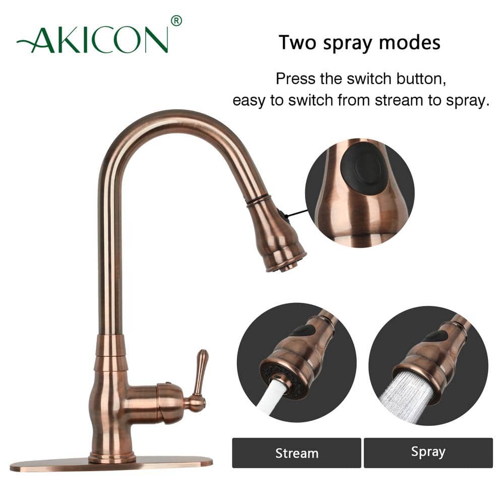Antique Copper Single Handle Pull-Down Kitchen Faucet with Deck Plate