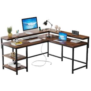 Perry 78.7 in. L Shaped Rustic Brown Wood Computer Desk with Power Outlets, Monitor Stand and Storage Shelves