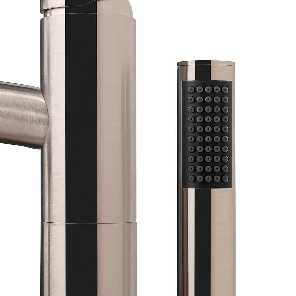 Brushed Nickel Modern Floor-Mounted Tub Filler with Hand Shower