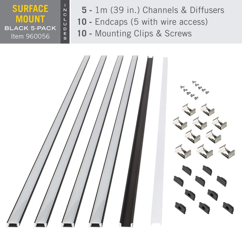 Black Aluminum Surface Mount LED Tape Light Channel 5-Pack