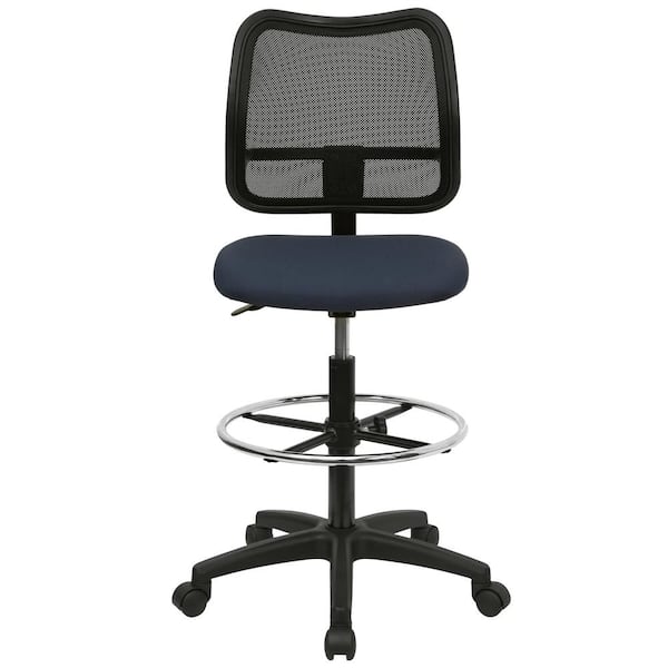 Flash Furniture Mid-Back Mesh Drafting Chair with Navy Blue Fabric Seat