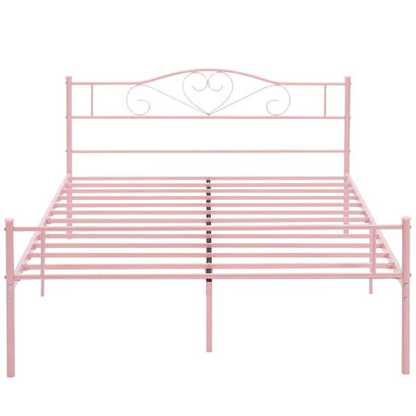 VECELO Queen Bed Frame, Pink Platform Bed No Box Spring Needed, Heavy Duty Steel Slats Support Bed