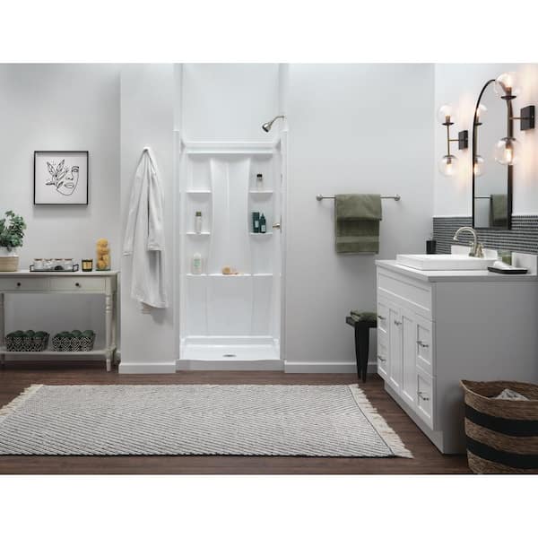 Classic 500 36 in. L x 36 in. W x 72 in. H 4-Piece Alcove Shower Kit with Shower Wall and Shower Pan in High Gloss White