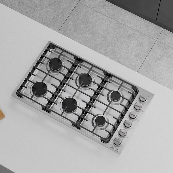 Empava 36 in. Gas Cooktop in Stainless Steel with 6 Burners Including Power Burners and Side Control Knobs
