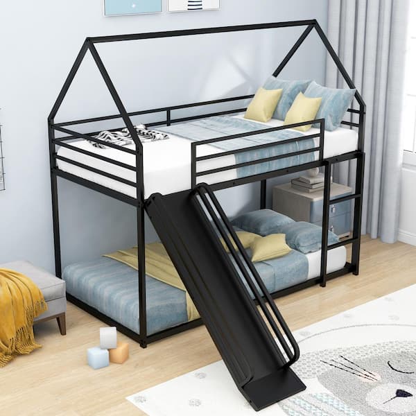 Qualler Black Twin Over Twin House Bunk Bed with Ladder and Slide ...