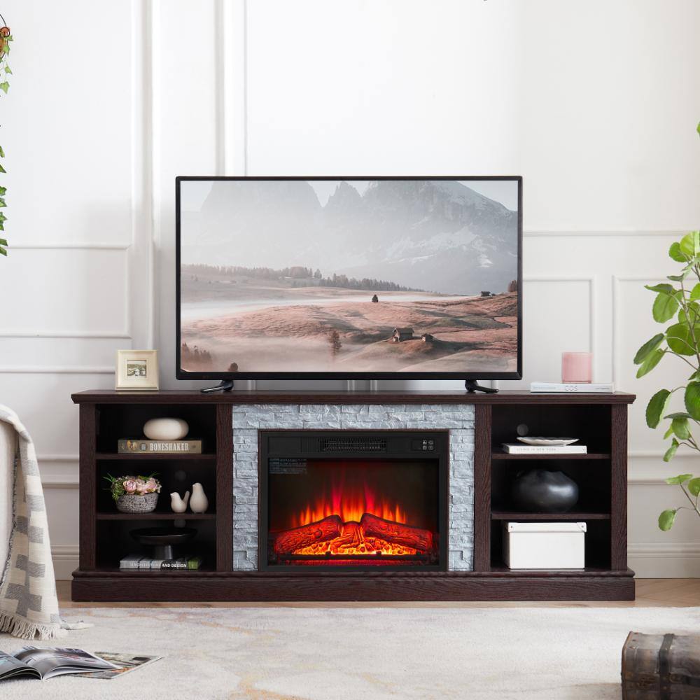 SUNRINX 70 in. W Freestanding Wooden with Faux Stacked Stone