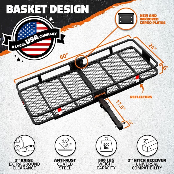 60 in. x 24 in. x 6 in. Rustproof Cargo Carrier Hitch Mount 500 lbs. Cap Cargo Basket with Foldable Hitch Armand Net