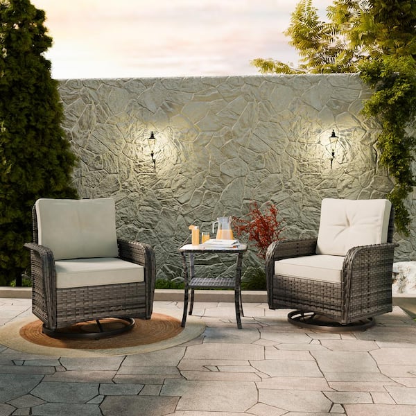 EAGLE PEAK 3-Piece Wicker Swivel Outdoor Rocking Chairs Patio Conversation Set with Cushions and Table