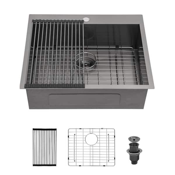 25 in. Drop-in Single Bowl 18 Gauge Gunmetal Black Stainless Steel Kitchen Sink with Bottom Grids and Rolling Rack