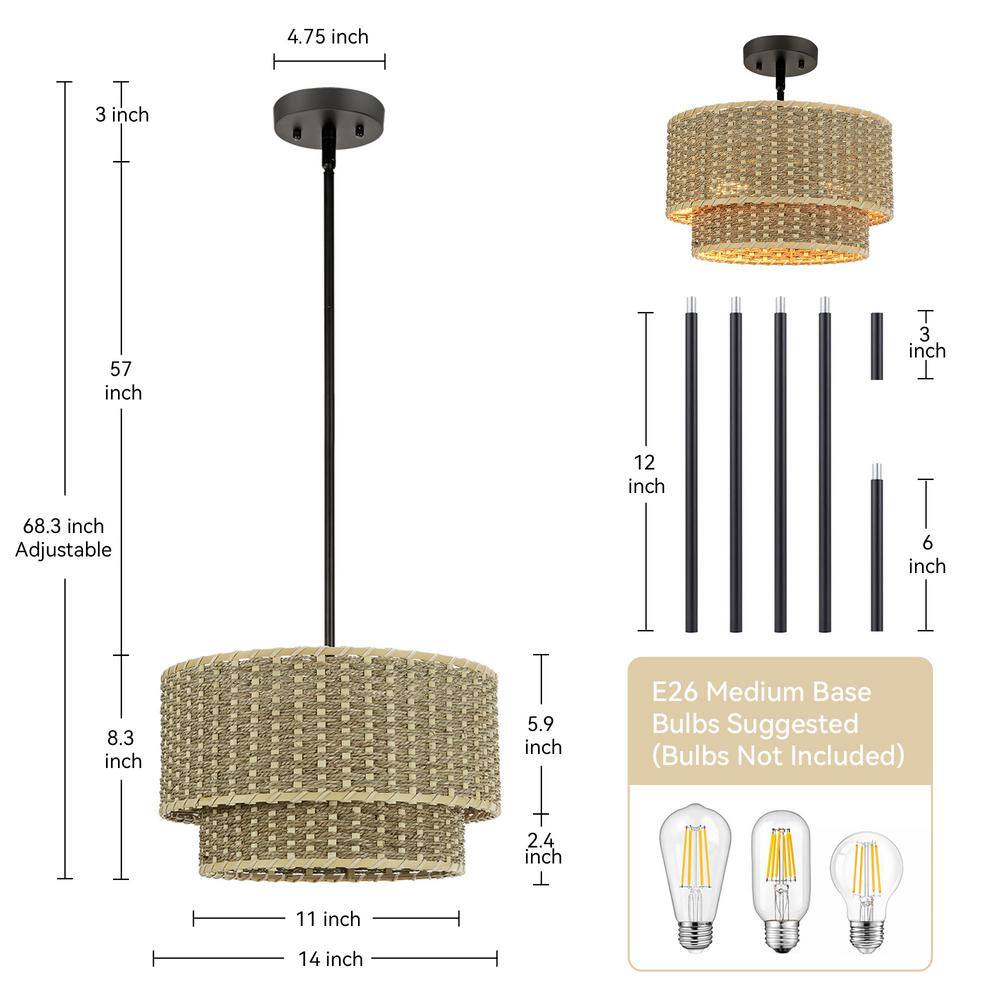 Matte Black 2-Light Adjustable Rattan Drum Chandelier