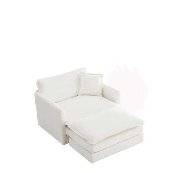 41.4 in Wide Straight Arm Chenille Modern Rectangle Reclining Sofa with Ottoman and Pillow in White