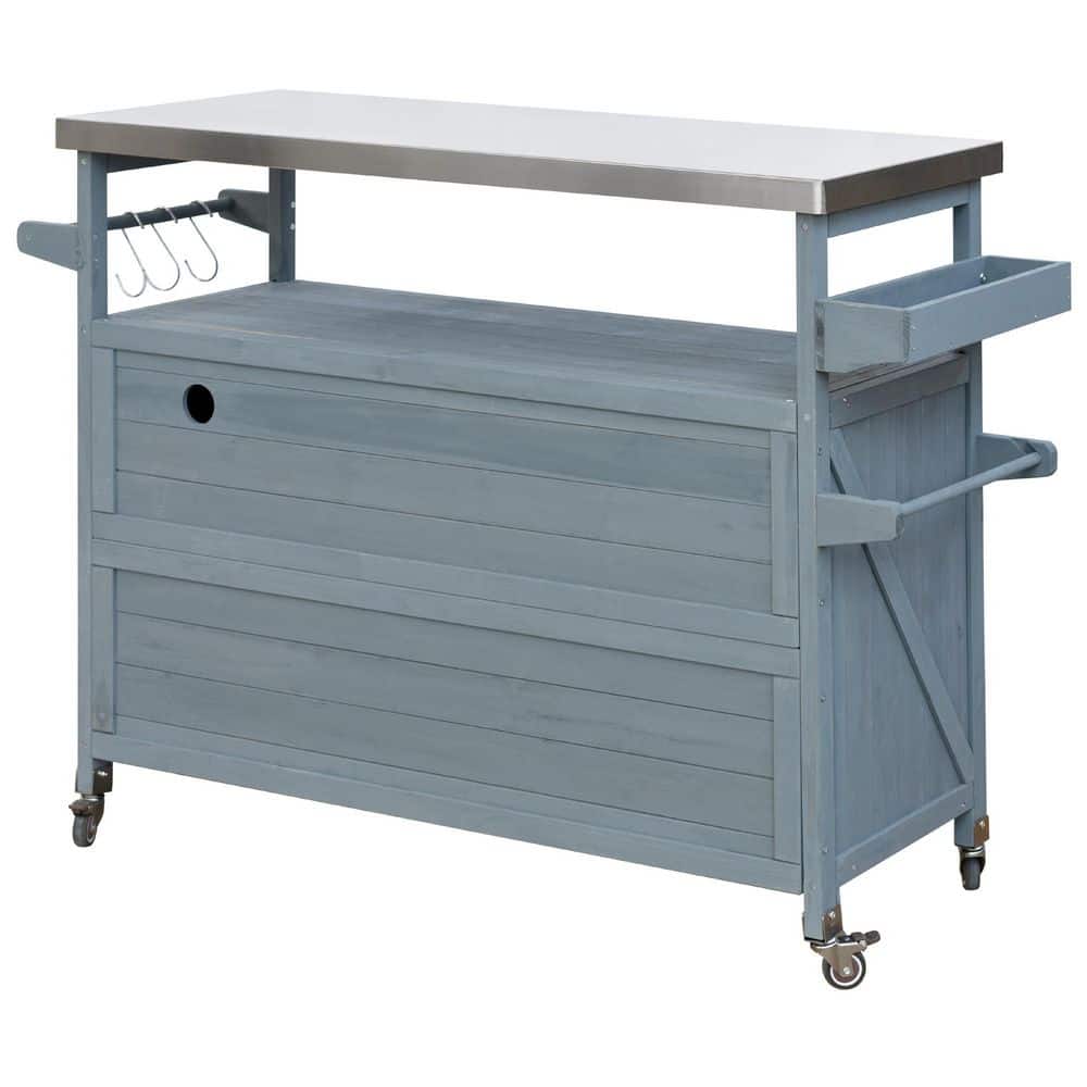 Outdoor Wood Kitchen Island, Rolling Bar Cart & Grill Island with Stainless Steel Top, Spice Rack, Towel Rack in Gray price history on PriceWatchPro