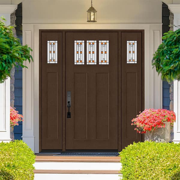 Regency 68 in. x 80 in. 3Lite Amberton Deco Glass RHIS Hickory Stain Fir Fiberglass Prehung Front Door w/Dbl 14in.SL