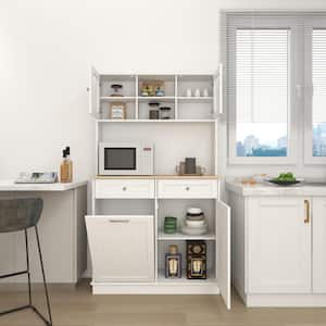 White Wood 39 in. W Kitchen Pantry Cabinet with Trash Can Storage Cabinet, 3 Adjustable Shelves and 2 Drawers