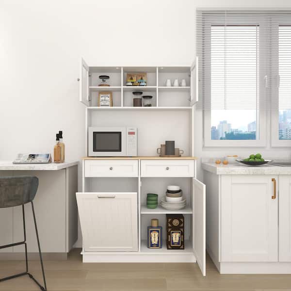 Cesicia White Wood 39 in. W Kitchen Pantry Cabinet with Trash Can Storage Cabinet, 3 Adjustable Shelves and 2 Drawers